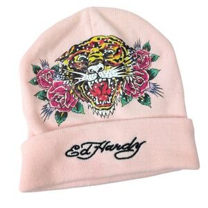 Ed Hardy Y2K Pink Tiger Rose Rhinestone Cuffed Knit Beanie Hat Womens Y2K